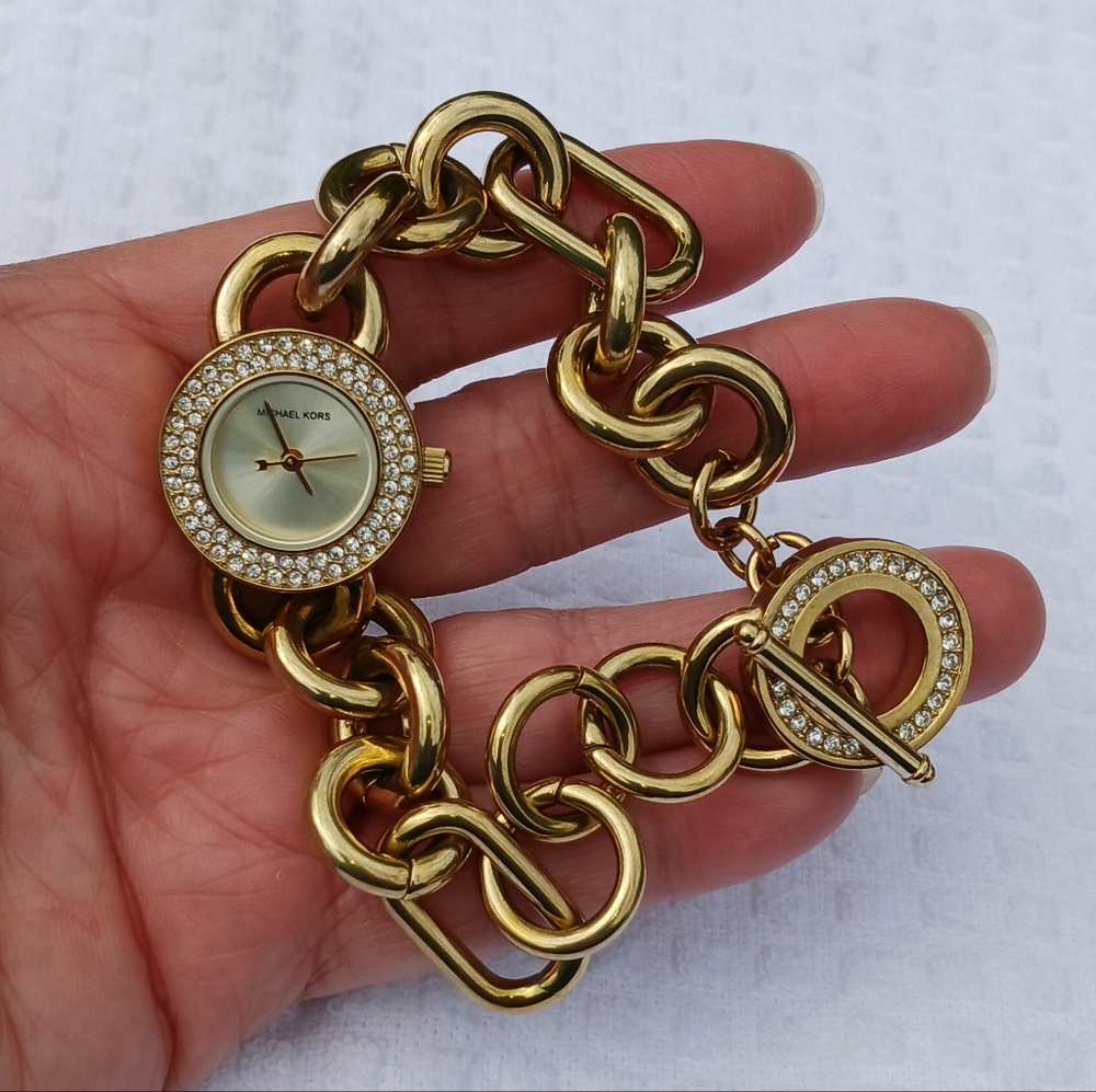 Michael Kors Watch Gold Chain Link Crystal Face MK Bling Watch